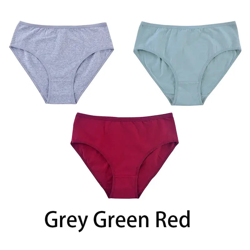 3-piece women's seamless cotton panties in grey, green, red; soft briefs