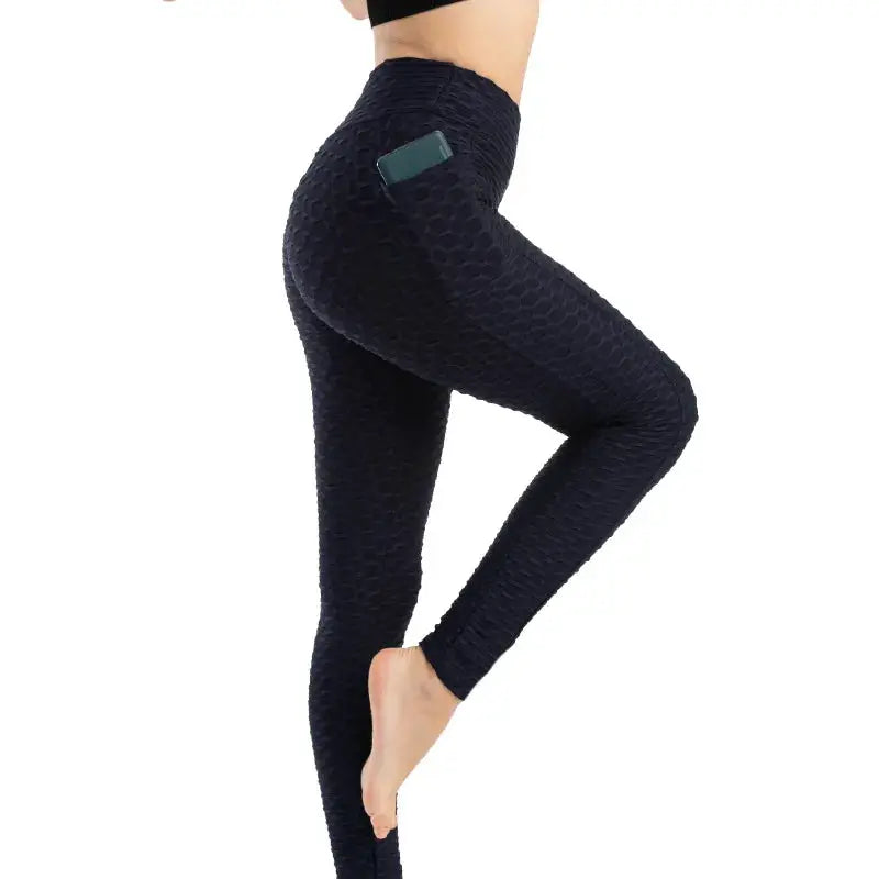 Women pocket bubble leggings, high-waist, stretchy navy textured fitness pants with phone pocket