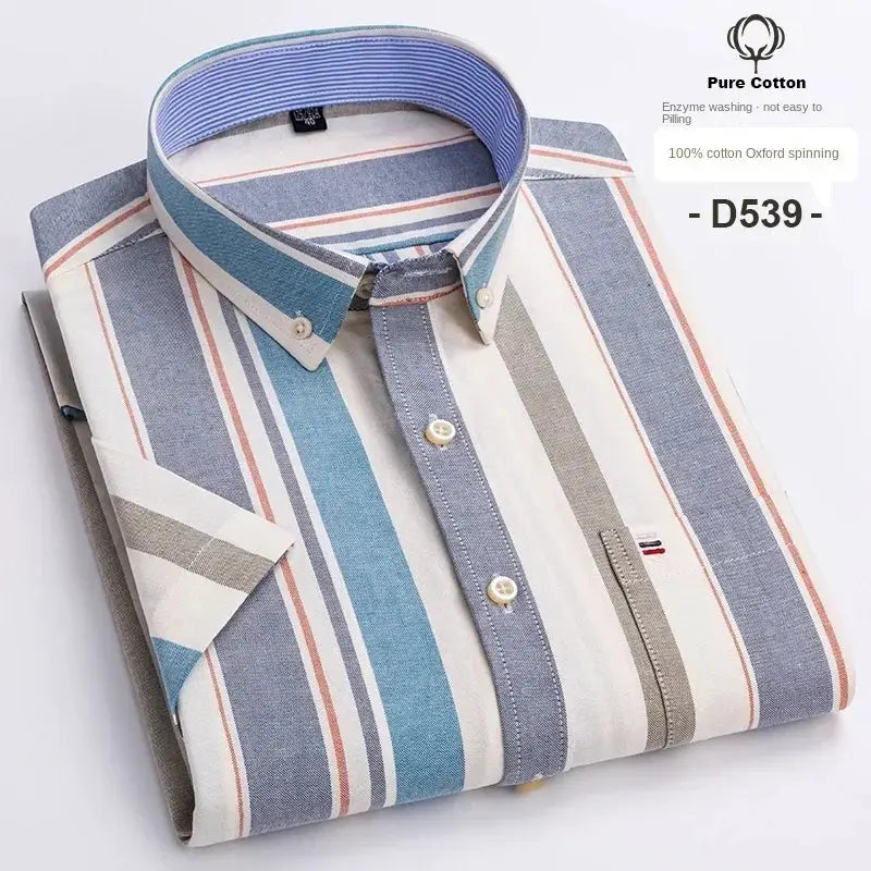 Men's striped oxford shirt, 100% cotton, blue/white/beige plaid, button-down collar
