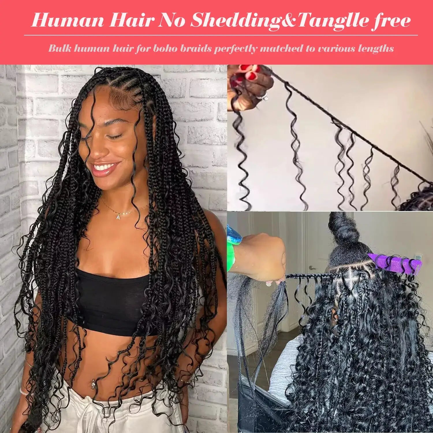 Bulk human braiding hair, deep wave, 100g no weft; Simples Market micro braiding bundles in black for boho styles