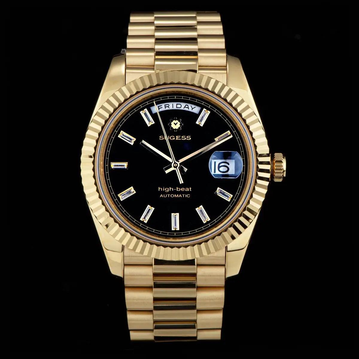 Sugess men's gold-tone automatic wristwatch with black dial, day-date window, fluted bezel, sapphire crystal