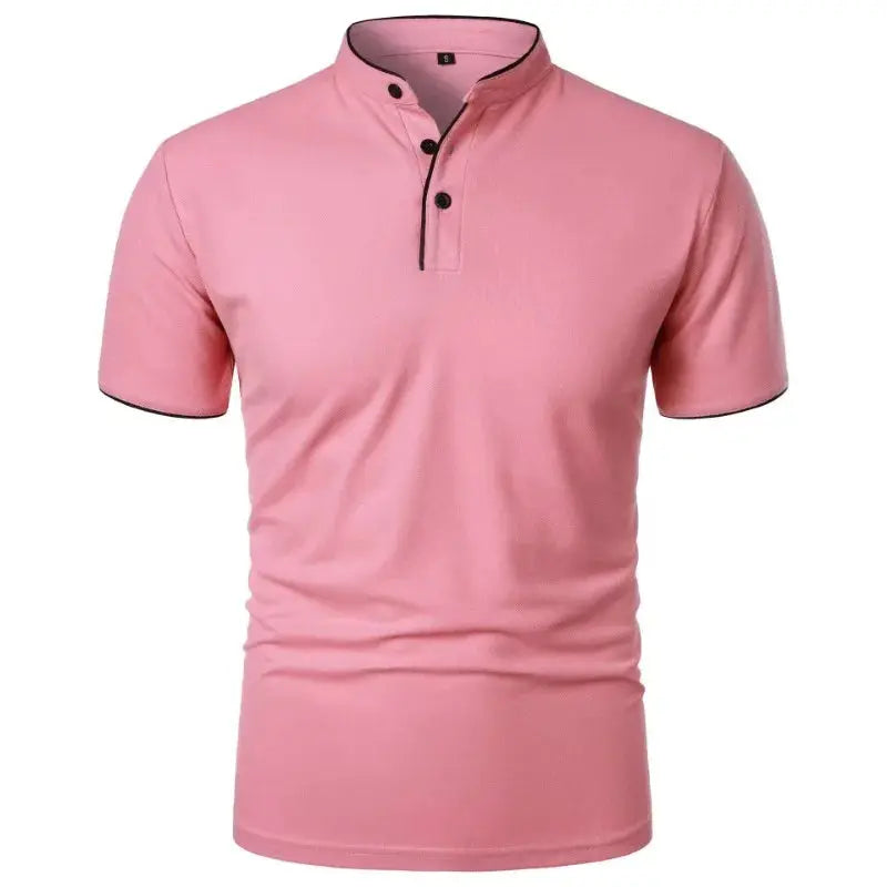 Pink men's short-sleeve polo shirt with stand collar and black-trim placket, breathable oversize fit