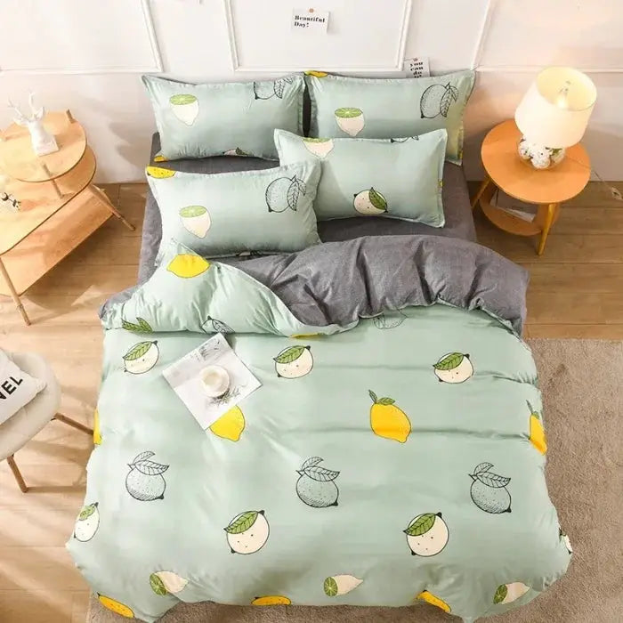 Simples Market four-piece cotton bedding set in mint green with lemon print duvet cover, sheets and pillowcases