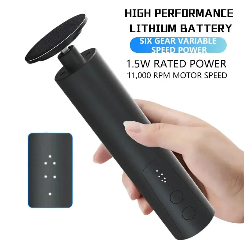 Electric foot callus remover by Simples Market; handheld device with sanding disc, black matte finish