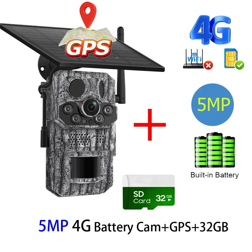 INQMEGA4G 5MP trail camera with solar panel, GPS, 4G, built-in battery, IP66 waterproof, 32GB SD card