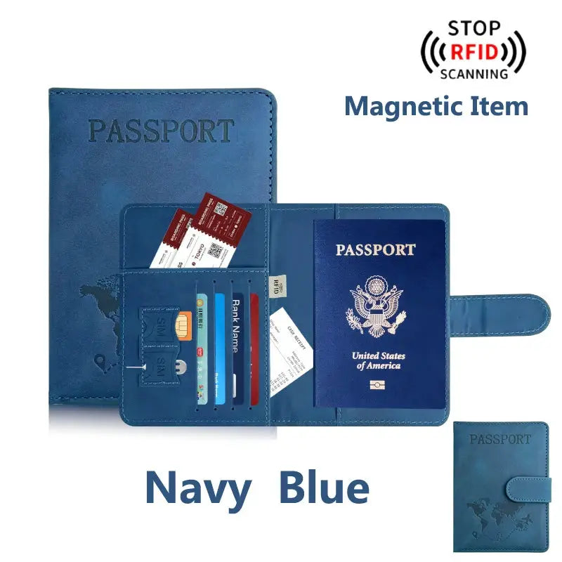 Simples Market navy blue passport holder with card slots, strap, RFID-blocking design