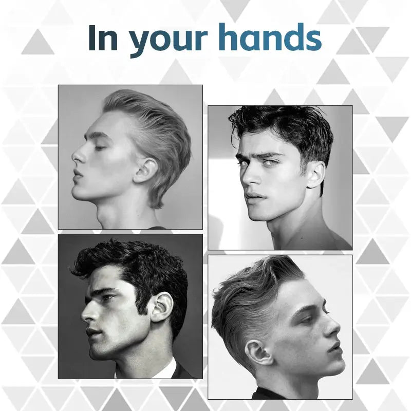 VGR 360 Hair Trimmer by Simples Market; grayscale collage of 4 men with stylish cuts, waterproof rechargeable trimmer
