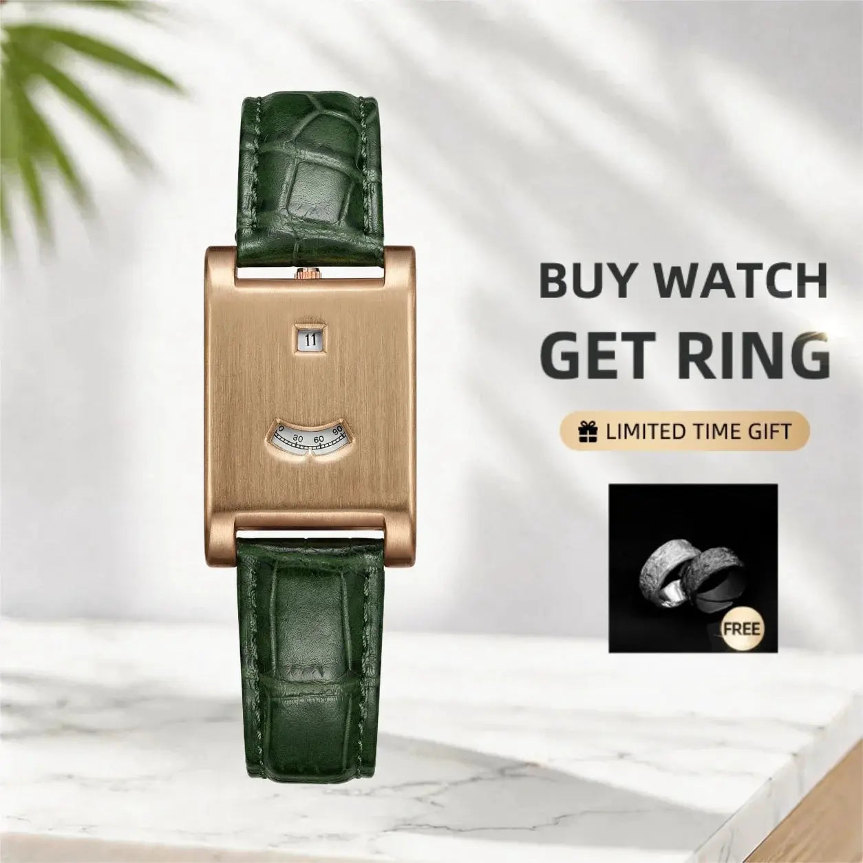 CILOA square tank watch for men with green leather strap and rose-gold case, date display