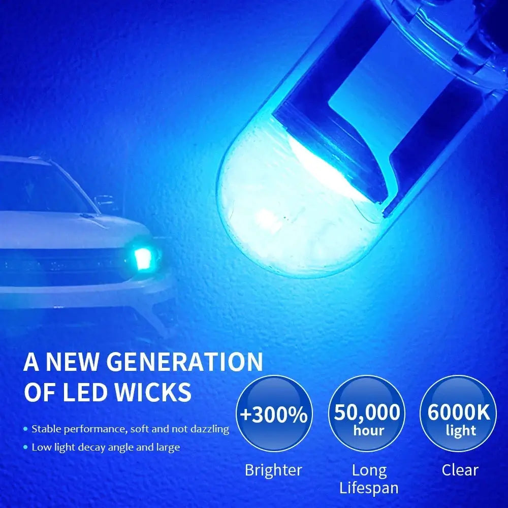10X New W5W LED T10 COB Glass Interior Bulbs White Ice Blue Yellow 12V For Dome Lights And License Plate