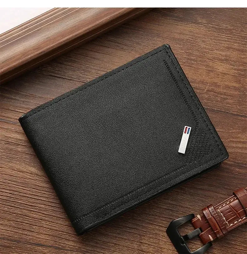 Men's soft leather short wallet by Simples Market, black, foldable and slim, minimalist design.