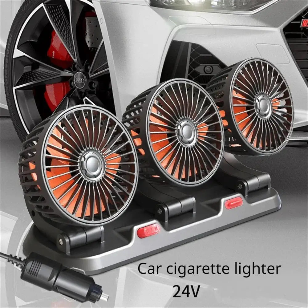 Simples Market car fan with 3 heads, 360° adjustable, orange blades, cigarette-lighter powered 24V
