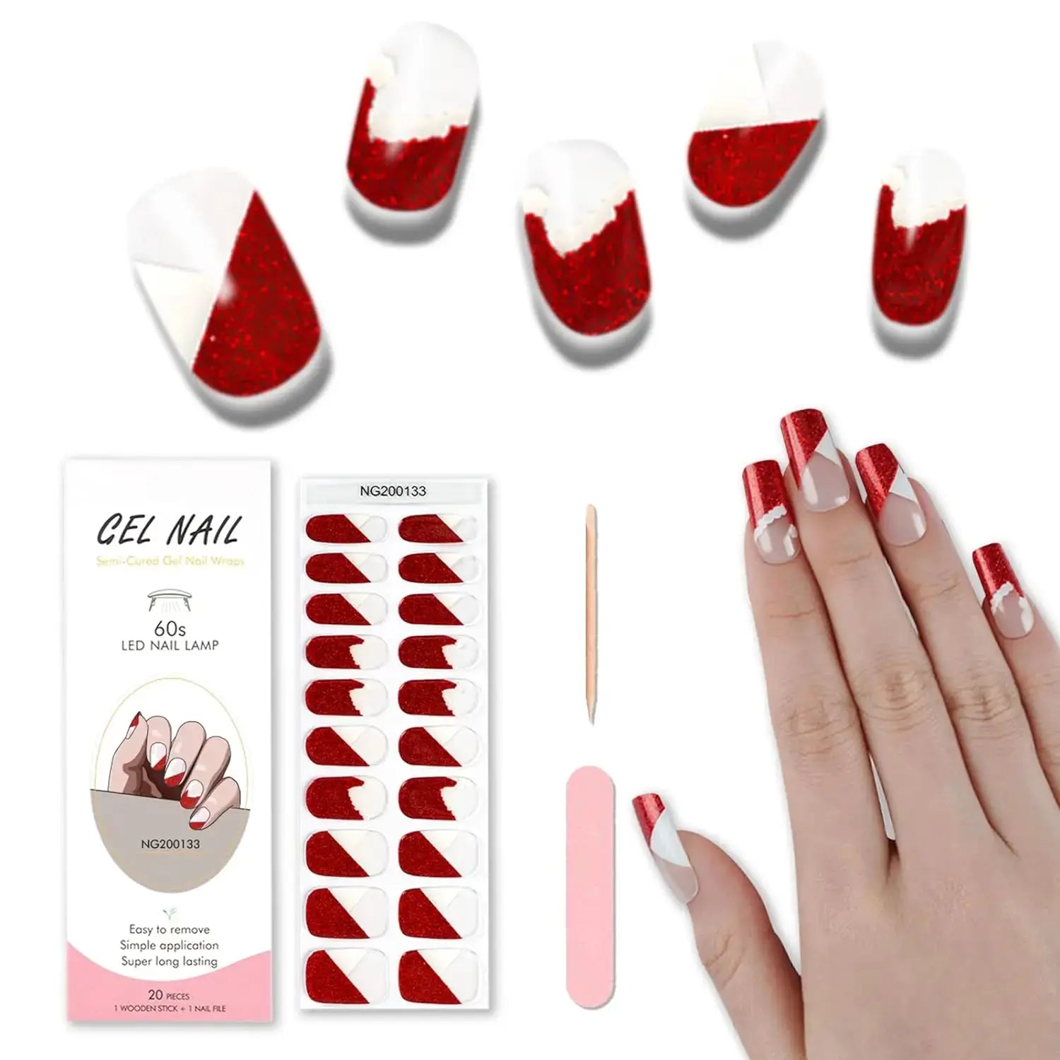 Gel nail wraps set with 16/20/22 tips for a semi-cured full-cover manicure; red glitter diagonal design, includes sticker sheet and nail tool