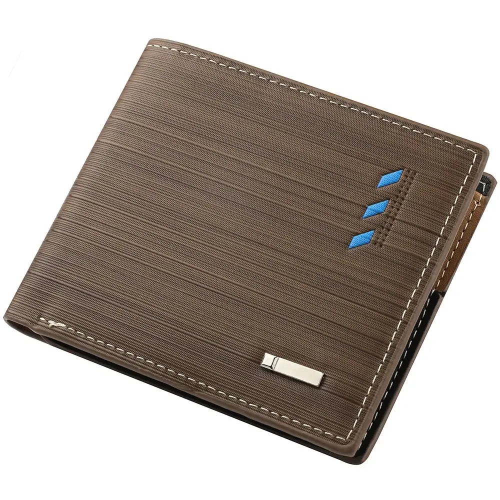 Brown striped leather wallet with multiple card slots and a two-fold money clip