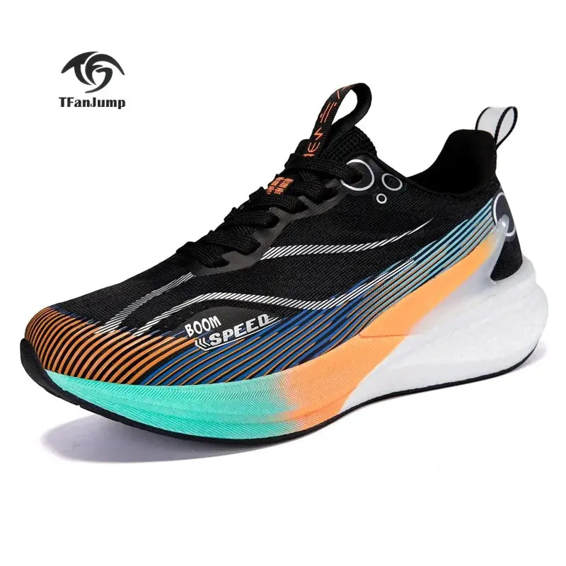 2025 marathon running shoes by Simples Market, black mesh upper with gradient teal orange midsole, TFanJump logo
