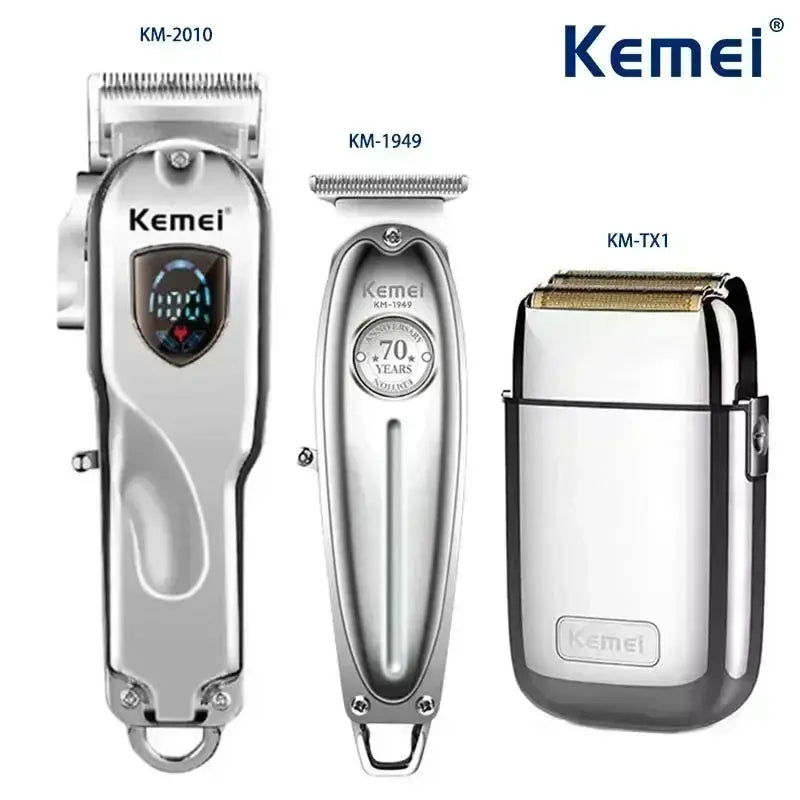 Kemei hair clipper trio with KM-2010, KM-1949 and KM-TX1; metal body, silver and gold finishes, rechargeable