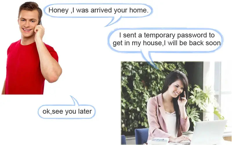 Tuya WiFi double-sided fingerprint door lock by Simples Market; image shows a man in a red shirt and a woman at a laptop