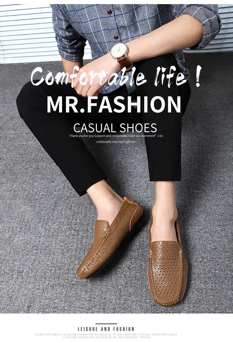 Men's brown leather loafers with perforated hollow-out design, slip-on driving moccasins