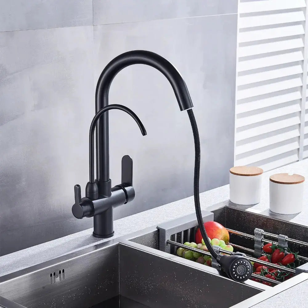 Simples Market Onyzpily black kitchen faucet with pull-out spray, dual handles, deck-mounted