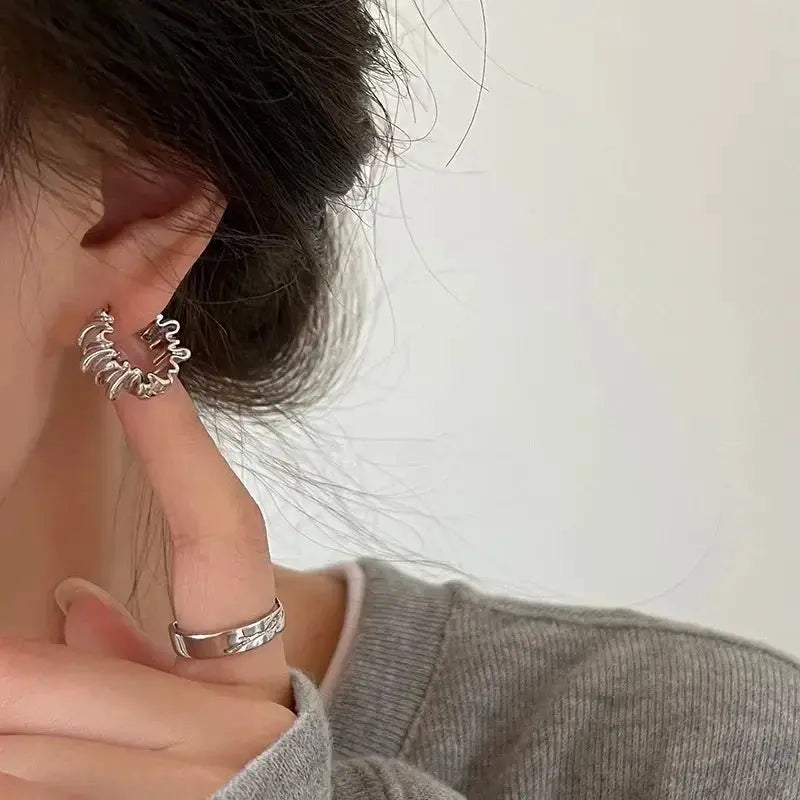 Irregular Wavy Pleated Hoop Earrings For Women Stainless Steel Gold Color Charm Dangle Jewelry Accessories Gift