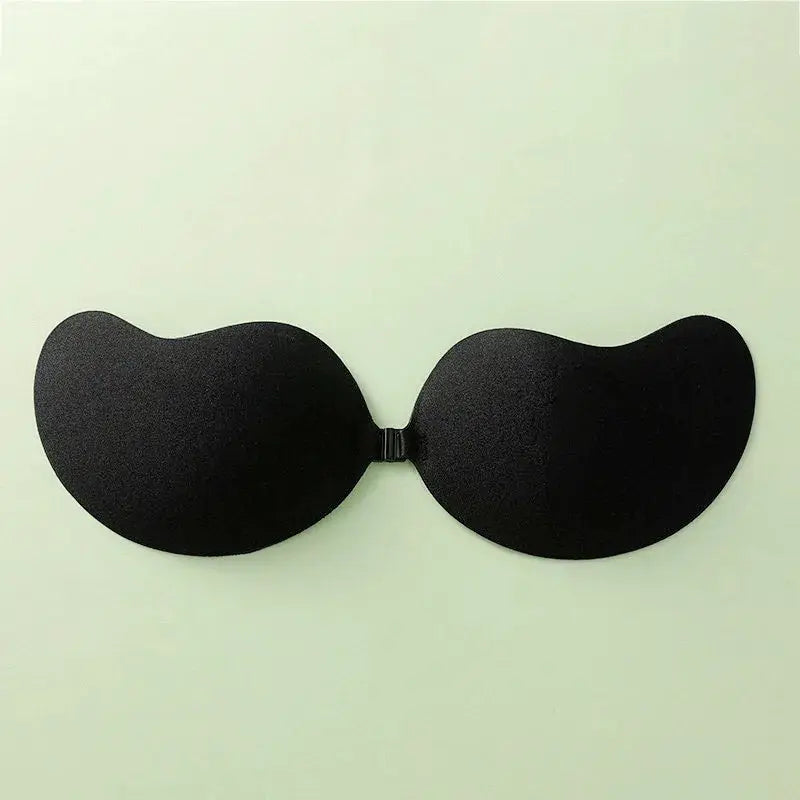 Invisible strapless adhesive bra with seamless black silicone cups for push-up support