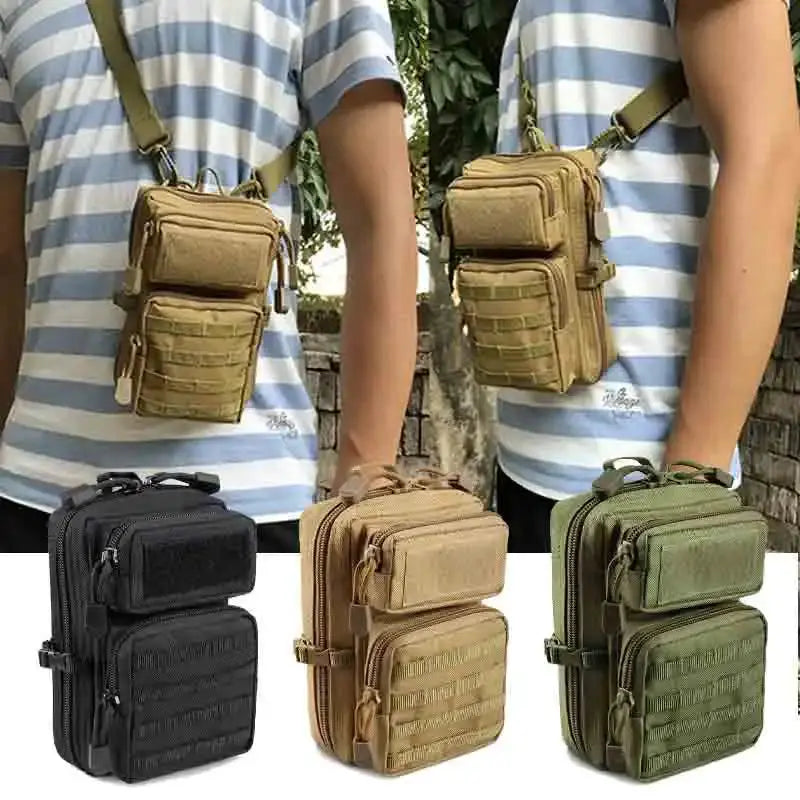 Useful Multifunction Tactical Pouch MOLLE hip pouch by Simples Market; five pouches in black, tan and olive green.