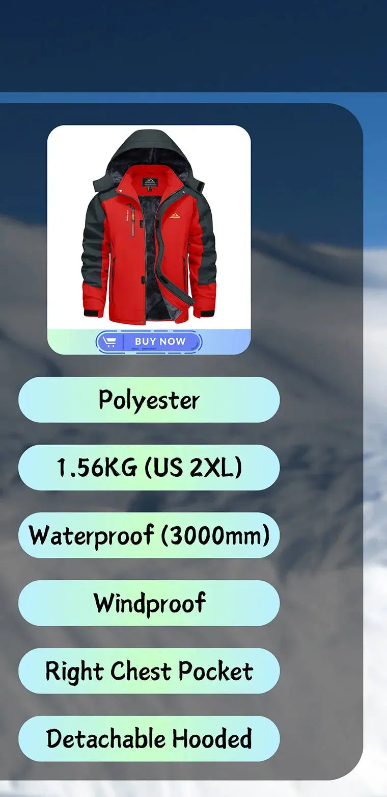 KEFITEVD men's red and dark gray waterproof winter ski jacket with detachable hood