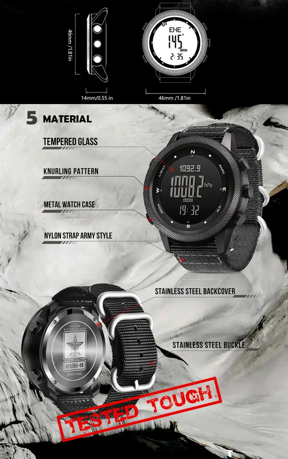 North Edge Apache-46 men's digital outdoor sport watch with black nylon strap and stainless steel back