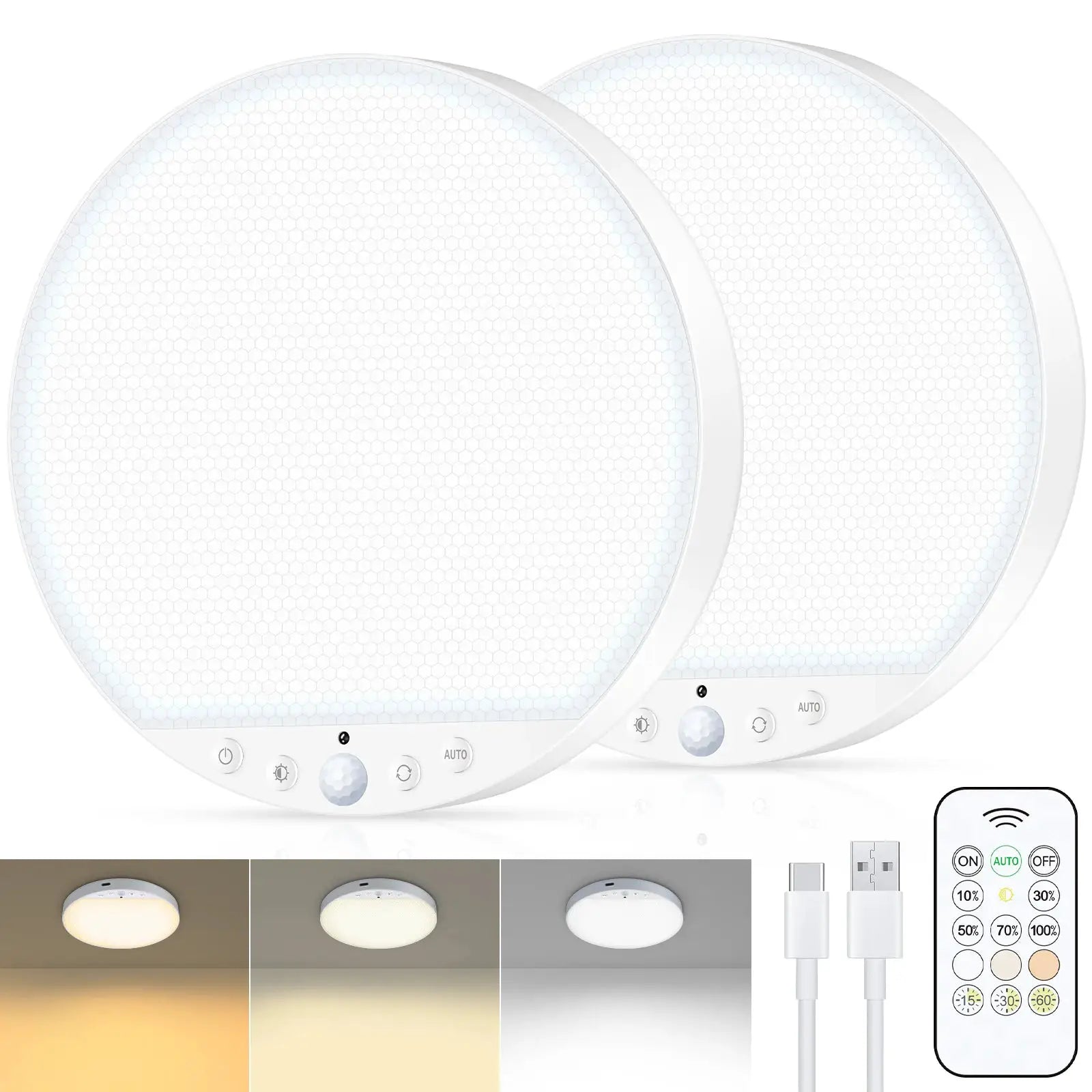 WILLED 8W rechargeable motion-sensor ceiling light with remote; two round white LED panels