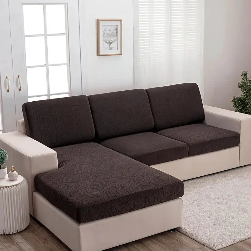 Simples Market waterproof stretch sofa cushion cover in dark brown jacquard fabric; removable protector for chaise lounge