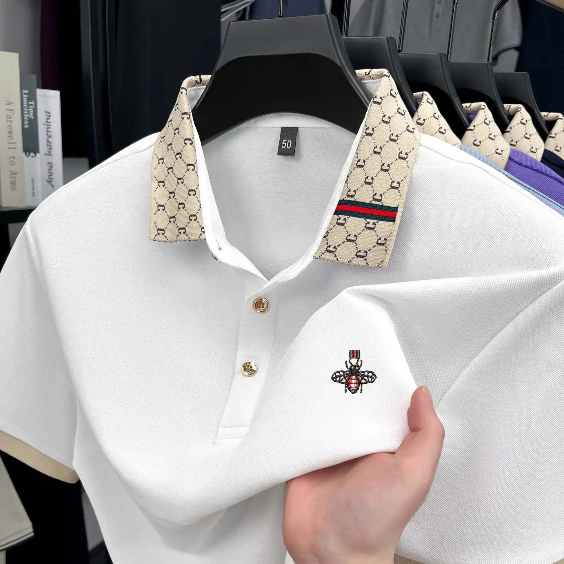 White polo shirt with beige monogram jacquard collar and bee embroidery, size 50.