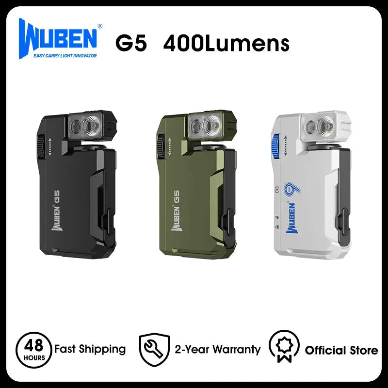 Wuben G5 3-pack rechargeable EDC flashlights with RGB light, variants in black, olive, and white, 400 lumens