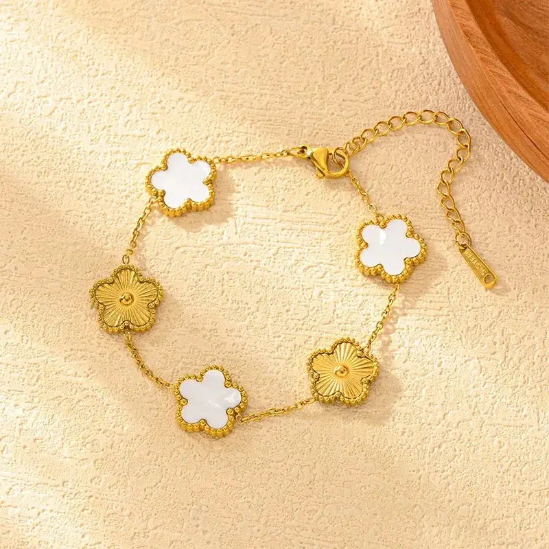 Adjustable Stainless Steel Bracelet Double Sided Five Leaf Clover Petals Gold Plated Women Fashion Jewelry