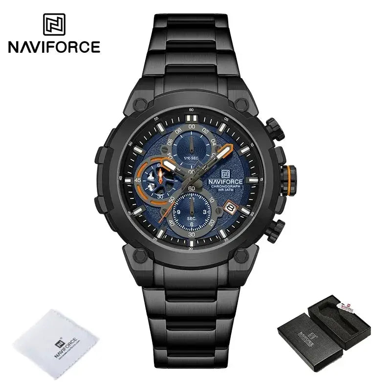 NAVIFORCE men's military chronograph watch with black stainless steel band and blue dial; 3-piece set with cloth and box