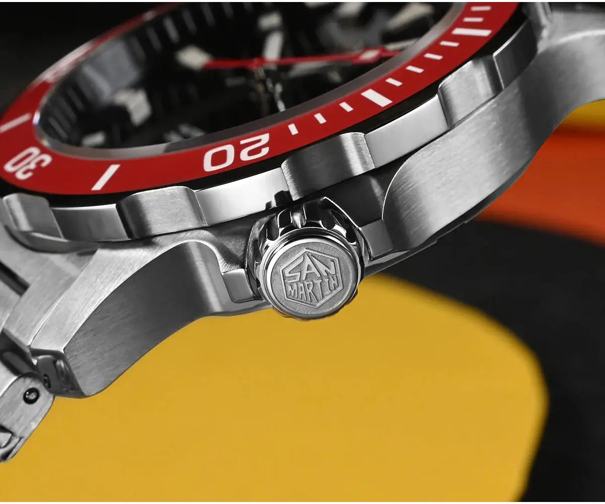 San Martin diver watch with red bezel and stainless steel case and bracelet; crown bearing the San Martin logo