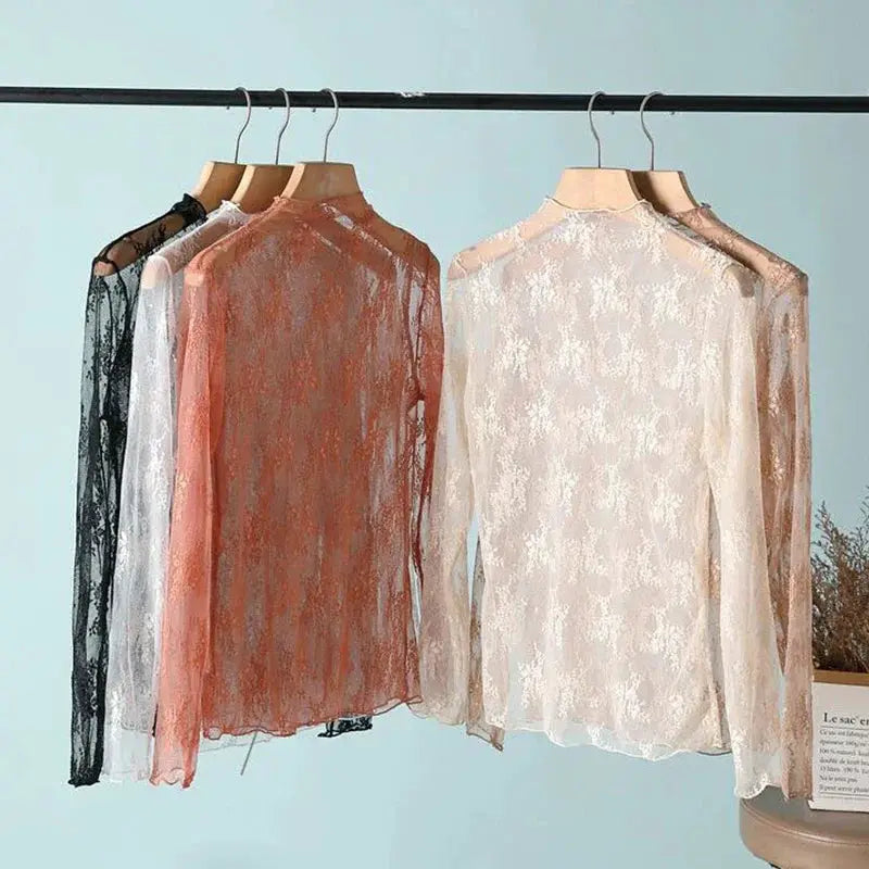 LaceLuxe Women Floral Lace Shirt Mock Neck With Mesh Bottoming Layer For Spring And Autumn Flattering Sheer Look