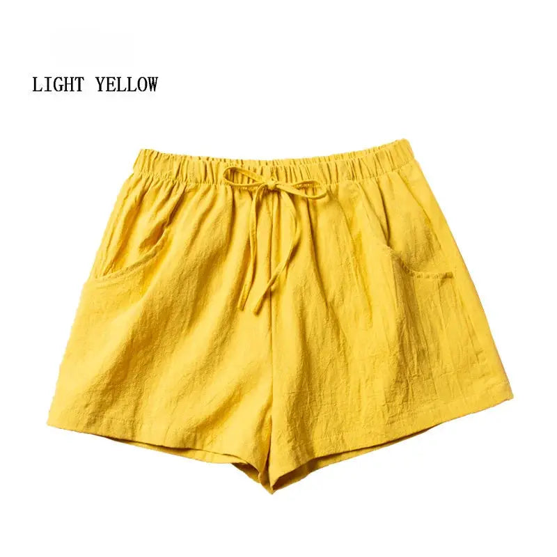 ITOOLIN casual linen shorts for women, light yellow, high-waisted with drawstring and front pockets
