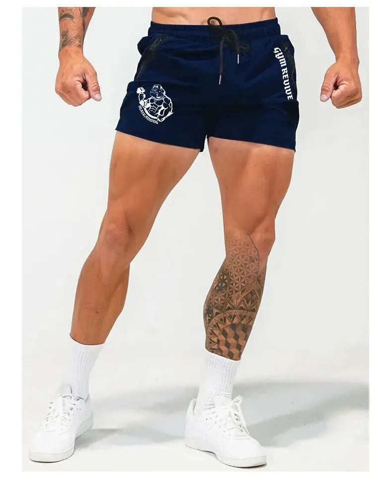 Men's navy quick-dry printed gym shorts with side double-zip pockets and white left-leg logo
