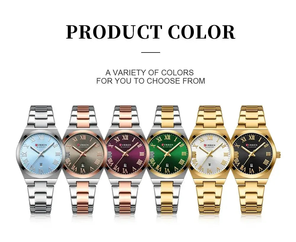 CURREN women's analog watches on stainless steel bracelets; set of 7 color options.