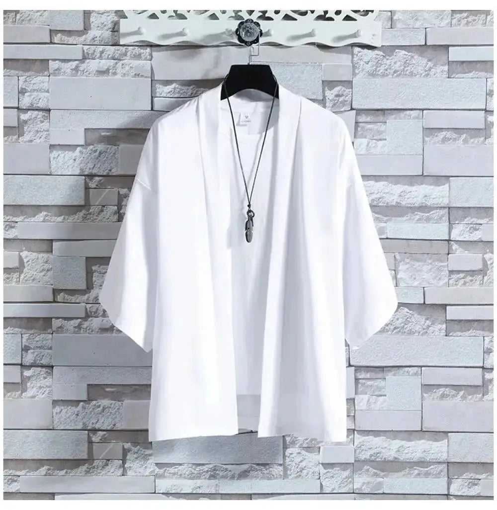 Men's white kimono cardigan with open-stitch, lightweight yukata-style outerwear, 3/4 sleeves, Simples Market