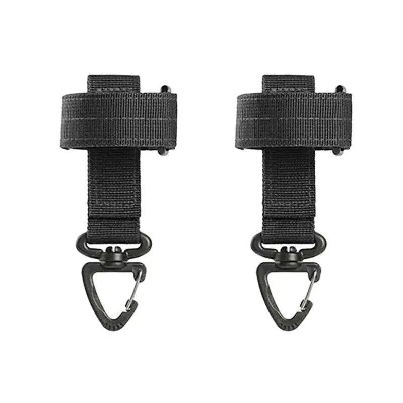 Two black nylon strap clips with metal carabiner hooks