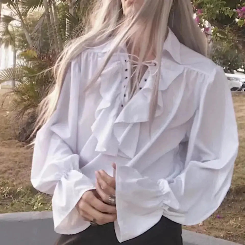 Ouji Womens Victorian Gothic Blouse Ruffled Front With Adjustable Lace Up Closure