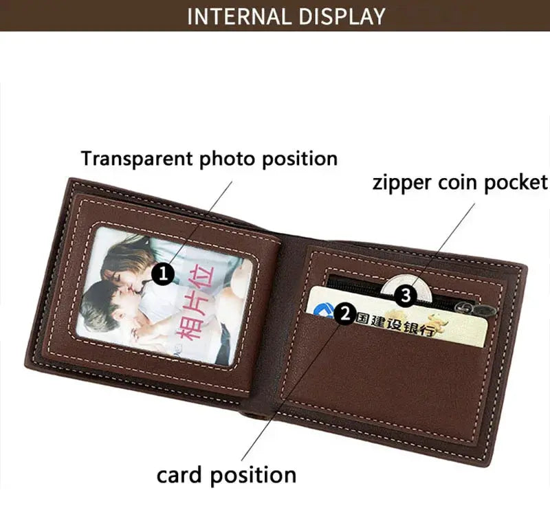 Simples Market brown PU leather men's slim wallet with card slots and zipper coin pocket