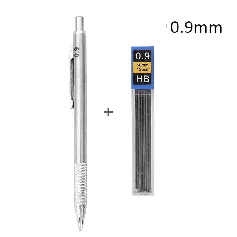 Metal mechanical pencil set with 0.9mm pencil and blue-label HB lead refills pack (60mm, 12pcs)