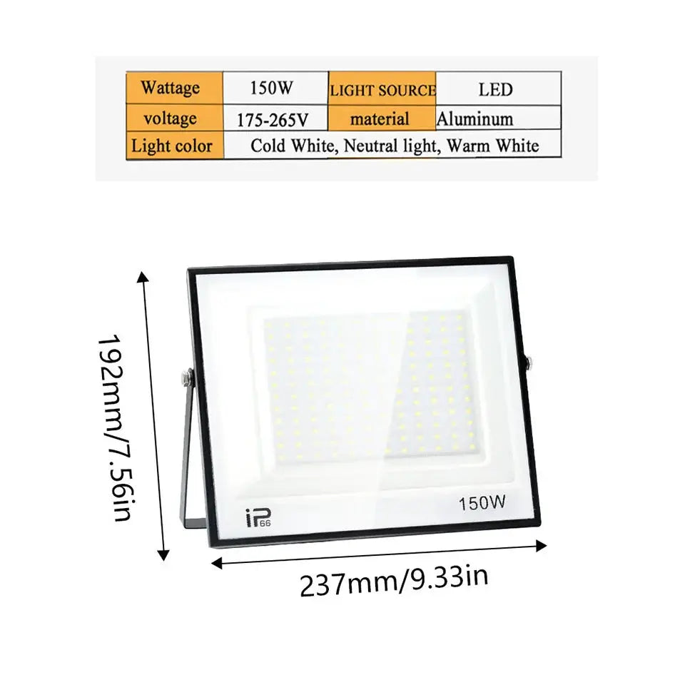 Led floodlight 150W outdoor IP65, black frame with white front panel and mounting bracket
