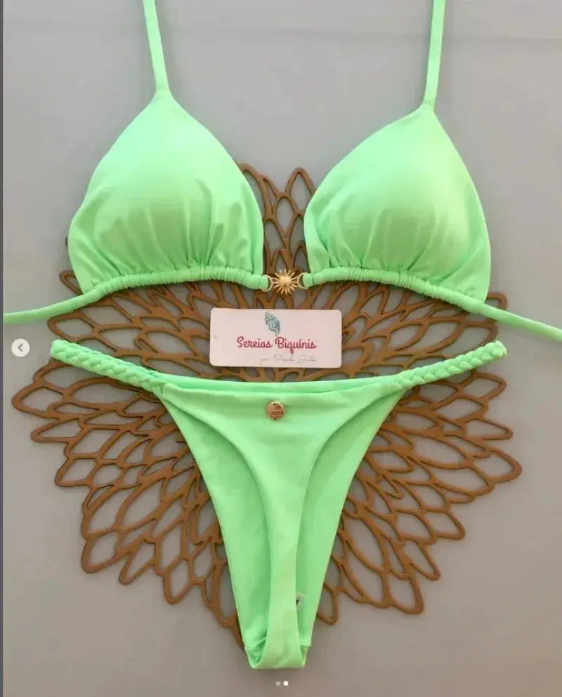 Neon lime green bikini set with halter top and braided-side thong bottom, gold coin charm