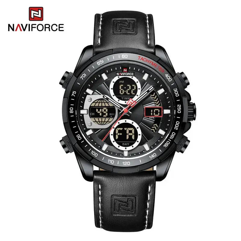 Naviforce men's leather wristwatch with black strap, chronograph dial and tachymeter bezel