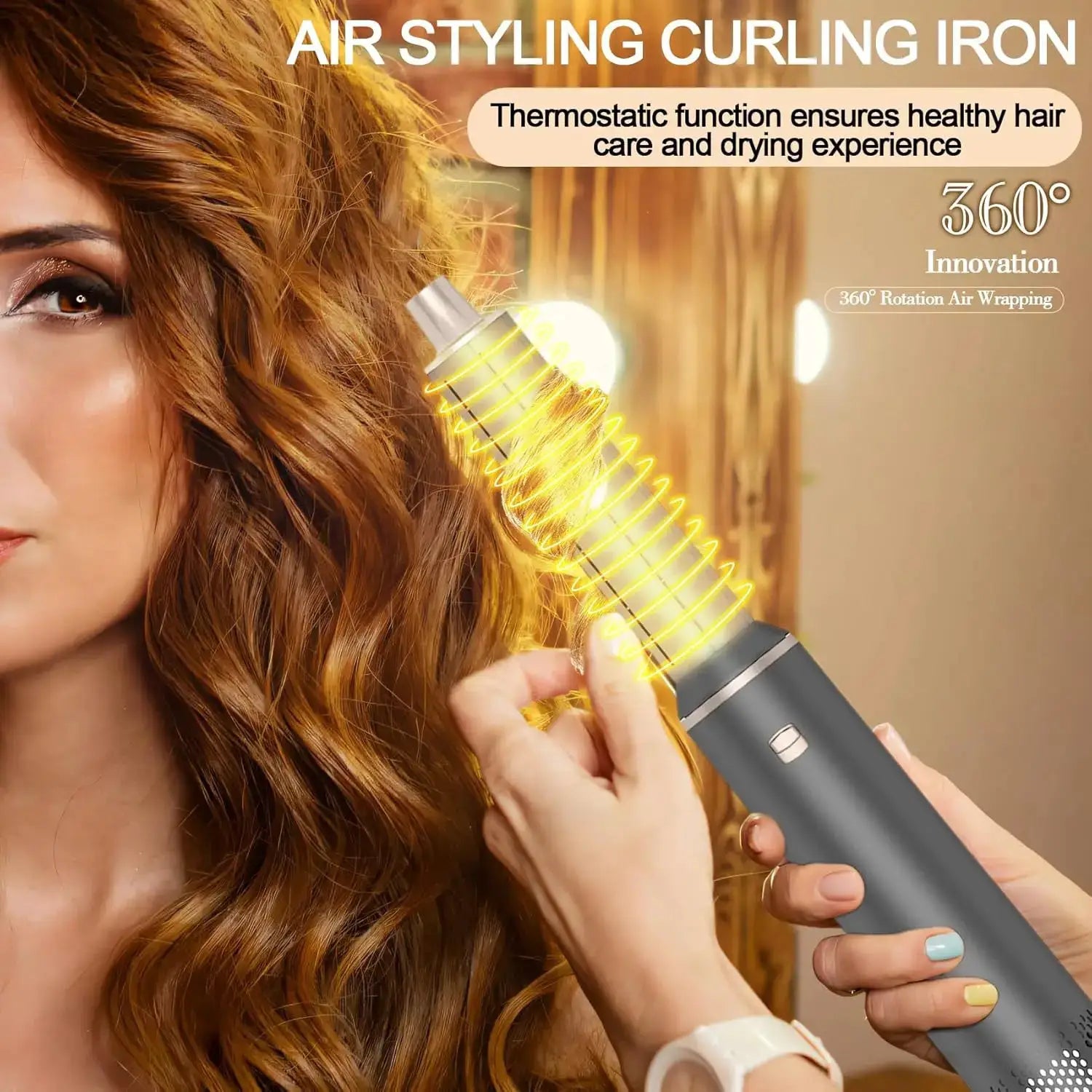 5-in-1 foldable hair styling wand curling iron with gray handle and yellow heated coil