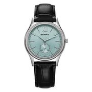 BERNY men's wristwatch with turquoise dial, stainless steel case, and black leather strap