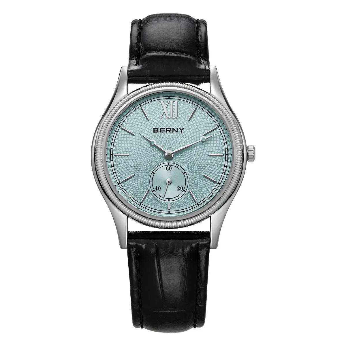 BERNY men's wristwatch with turquoise dial, stainless steel case, and black leather strap