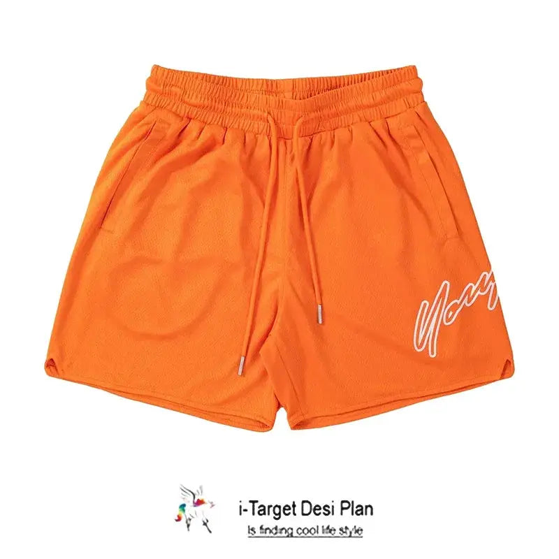 Trend men's mesh beach swim shorts in bright orange with drawstring, quick-dry fabric, and white logo on right leg.